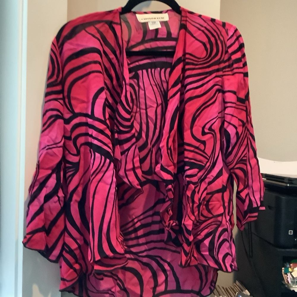 Caroline Rose Sz XSP (petite) Pink Black Wild Funky Rayon Art-to-Wear Cardigan